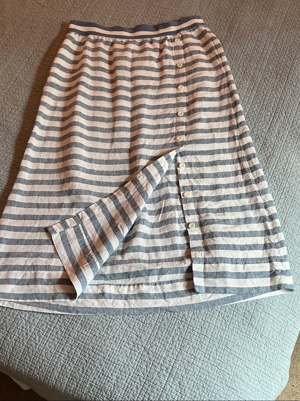 J. Jill Striped 100% Linen Button-Front Midi Skirt in Light Blue and White